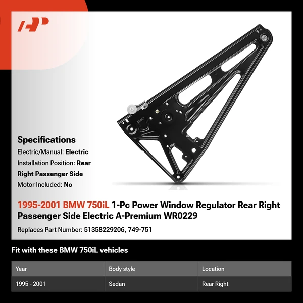 1995-2001 BMW 750iL 1-Pc Power Window Regulator Rear Right Passenger Side Electric A-Premium WR0229