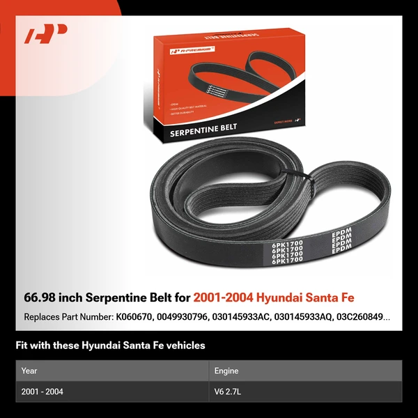 66.98 inch Serpentine Belt for 2001-2004 Hyundai Santa Fe