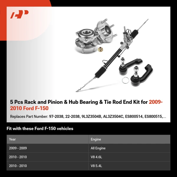 5 Pcs Rack and Pinion & Hub Bearing & Tie Rod End Kit for 2009-2010 Ford F-150