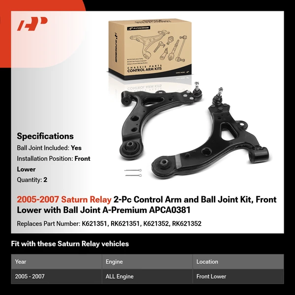 2005-2007 Saturn Relay 2-Pc Control Arm and Ball Joint Kit, Front Lower with Ball Joint A-Premium APCA0381