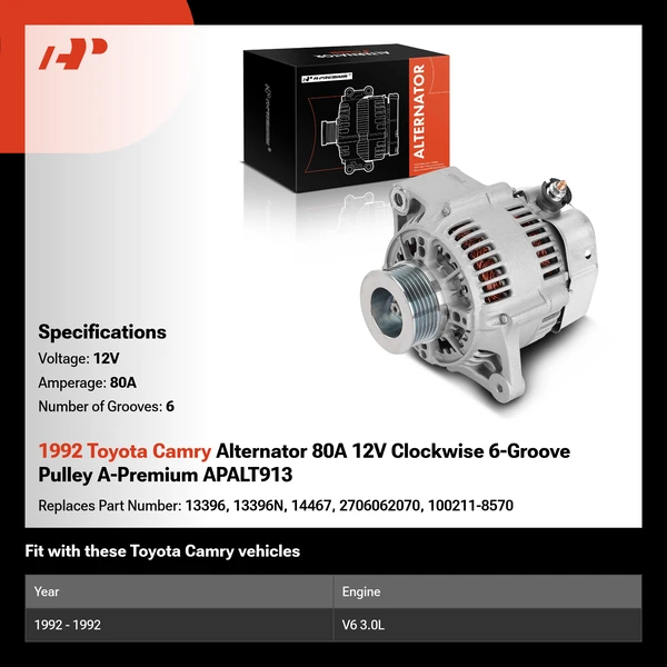 1992 Toyota Camry Alternator 80A 12V Clockwise 6-Groove Pulley A-Premium APALT913