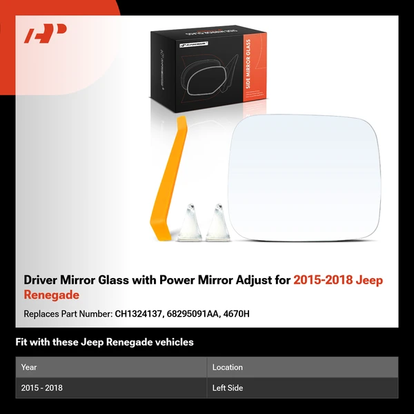 Driver Mirror Glass with Power Mirror Adjust for 2015-2018 Jeep Renegade