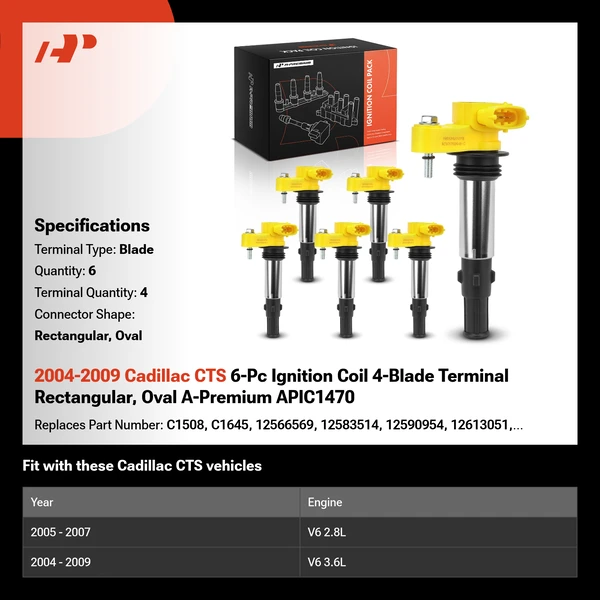 2004-2009 Cadillac CTS 6-Pc Ignition Coil 4-Blade Terminal Rectangular, Oval A-Premium APIC1470