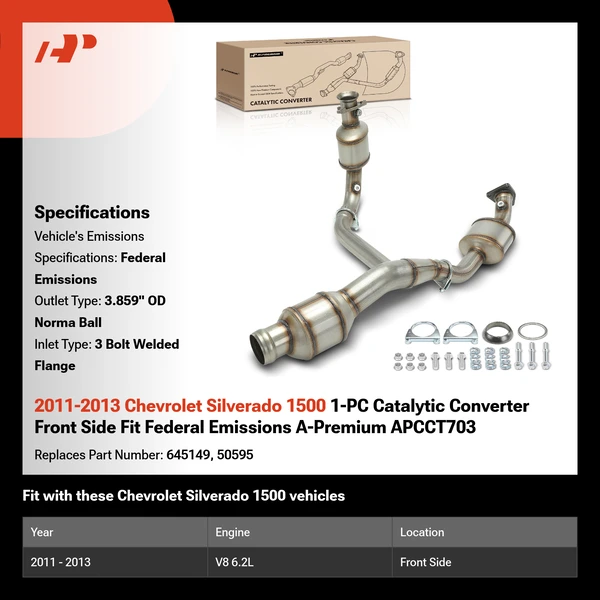2011-2013 Chevrolet Silverado 1500 1-PC Catalytic Converter Front Side Fit Federal Emissions A-Premium APCCT703