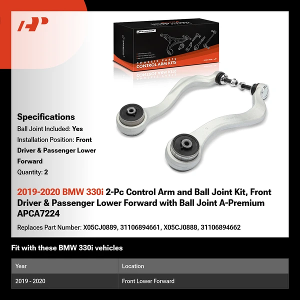 2019-2020 BMW 330i 2-Pc Control Arm and Ball Joint Kit, Front Driver & Passenger Lower Forward with Ball Joint A-Premium APCA7224