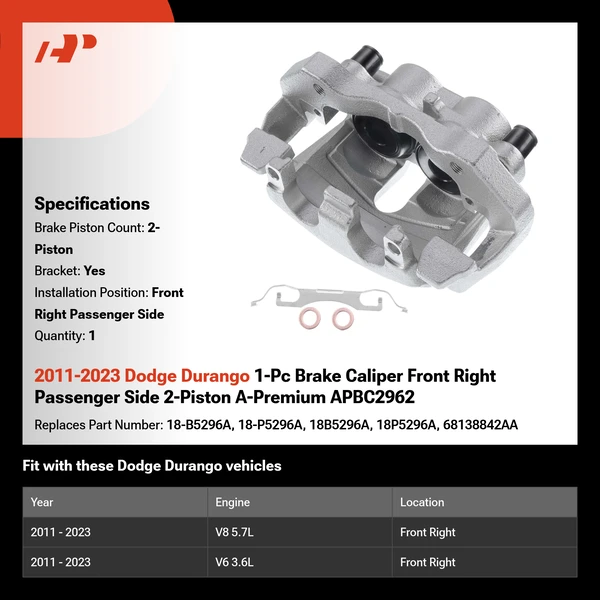 2011-2023 Dodge Durango 1-Pc Brake Caliper Front Right Passenger Side 2-Piston A-Premium APBC2962
