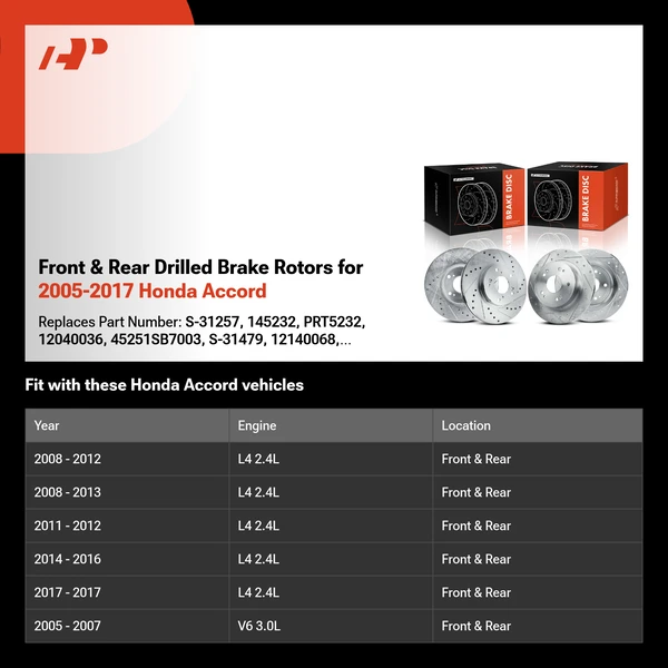 Front & Rear Drilled Brake Rotors for 2005-2017 Honda Accord