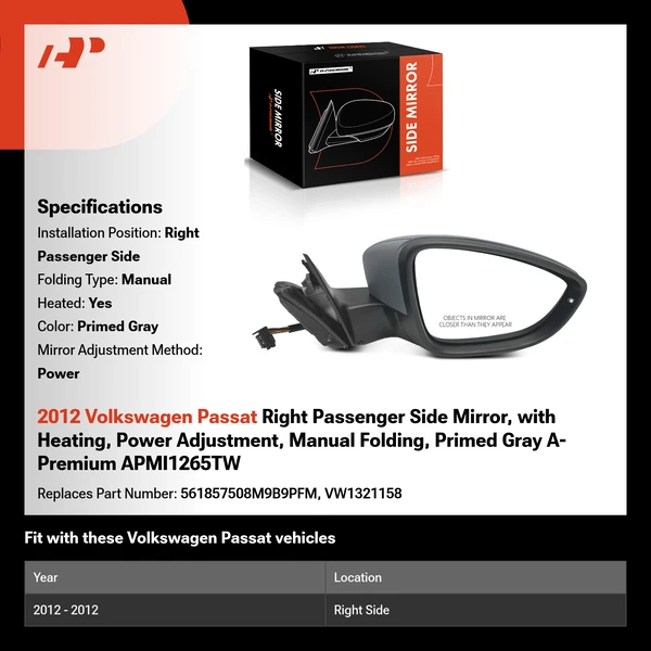 2012 Volkswagen Passat Right Passenger Side Mirror, with Heating, Power Adjustment, Manual Folding, Primed Gray A-Premium APMI1265TW