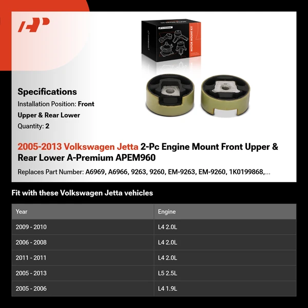 2005-2013 Volkswagen Jetta 2-Pc Engine Mount Front Upper & Rear Lower A-Premium APEM960