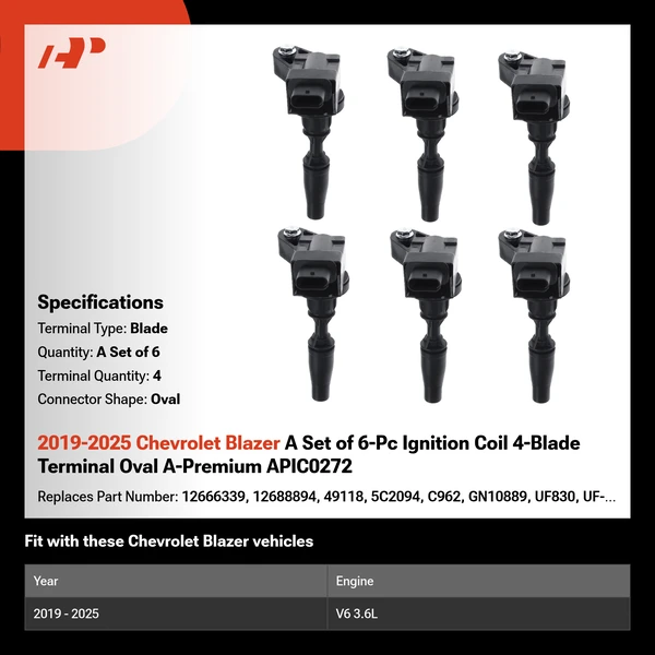 2019-2025 Chevrolet Blazer A Set of 6-Pc Ignition Coil 4-Blade Terminal Oval A-Premium APIC0272