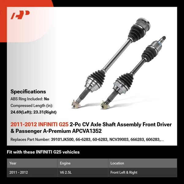 2011-2012 INFINITI G25 2-Pc CV Axle Shaft Assembly Front Driver & Passenger A-Premium APCVA1352
