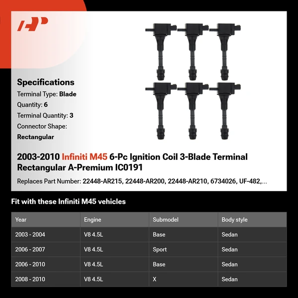 2003-2010 Infiniti M45 6-Pc Ignition Coil 3-Blade Terminal Rectangular A-Premium IC0191