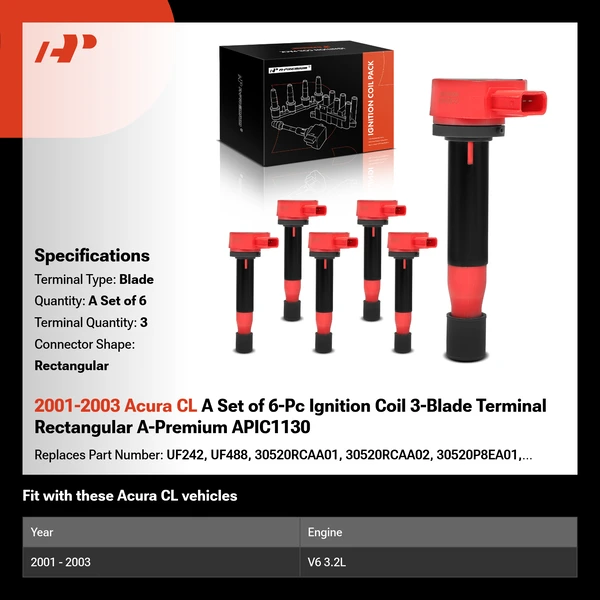 2001-2003 Acura CL A Set of 6-Pc Ignition Coil 3-Blade Terminal Rectangular A-Premium APIC1130