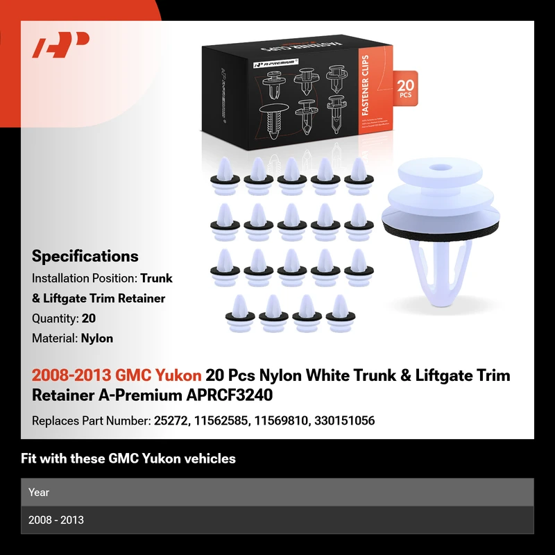 2008-2013 GMC Yukon 20 Pcs Nylon White Trunk & Liftgate Trim Retainer A-Premium APRCF3240