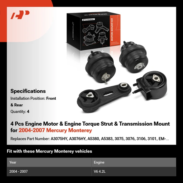 4 Pcs Engine Motor & Engine Torque Strut & Transmission Mount for 2004-2007 Mercury Monterey