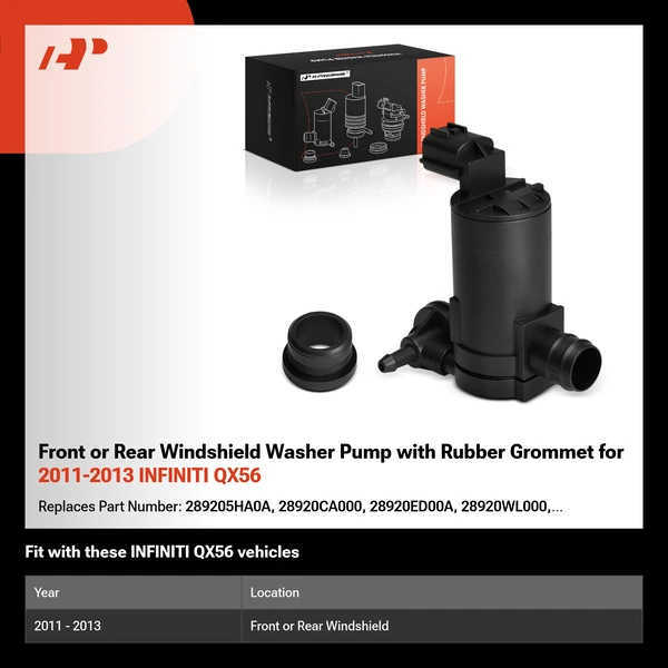 Front or Rear Windshield Washer Pump with Rubber Grommet for 2011-2013 INFINITI QX56
