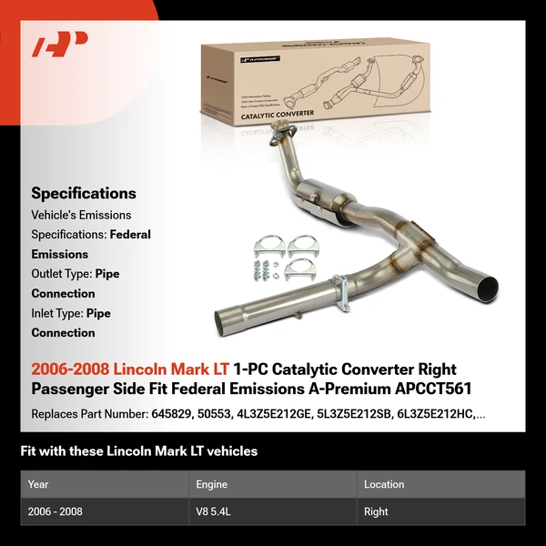 2006-2008 Lincoln Mark LT 1-PC Catalytic Converter Right Passenger Side Fit Federal Emissions A-Premium APCCT561