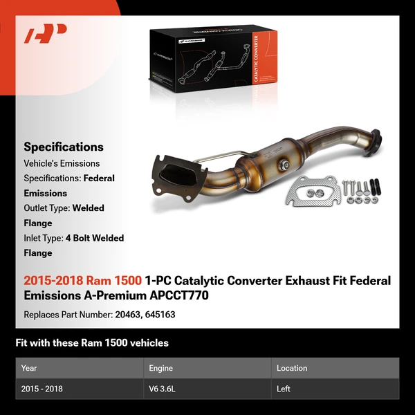 2015-2018 Ram 1500 1-PC Catalytic Converter Exhaust Fit Federal Emissions A-Premium APCCT770