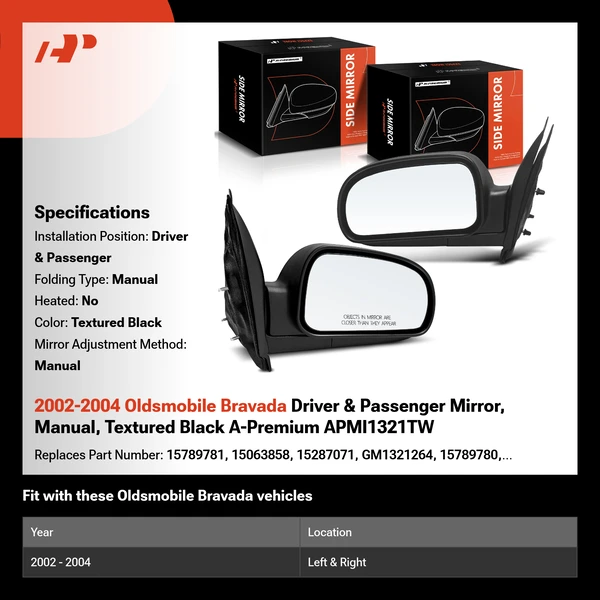 2002-2004 Oldsmobile Bravada Driver & Passenger Mirror, Manual, Textured Black A-Premium APMI1321TW