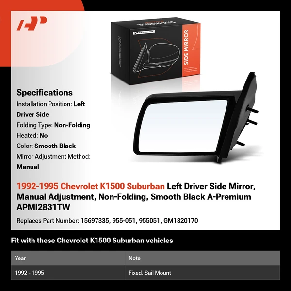 1992-1995 Chevrolet K1500 Suburban Left Driver Side Mirror, Manual Adjustment, Non-Folding, Smooth Black A-Premium APMI2831TW