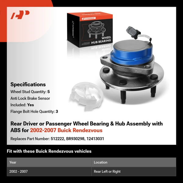 Rear Driver or Passenger Wheel Bearing & Hub Assembly with ABS for 2002-2007 Buick Rendezvous