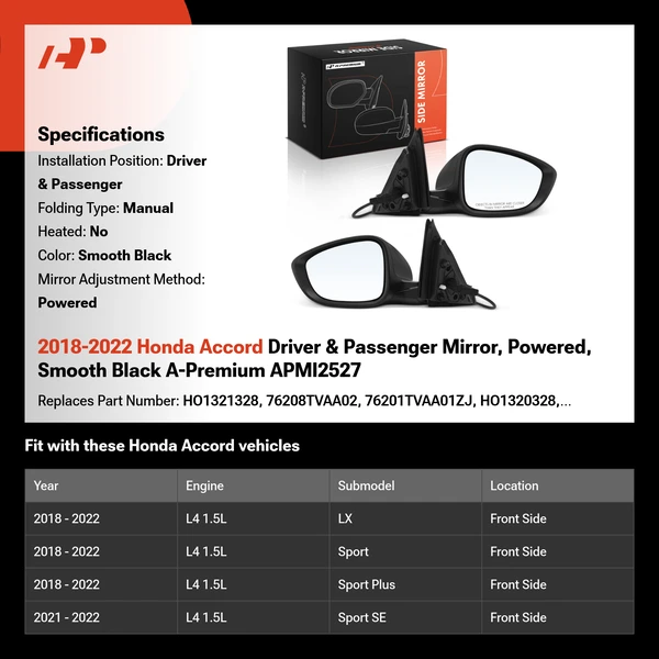 2018-2022 Honda Accord Driver & Passenger Mirror, Powered, Smooth Black A-Premium APMI2527