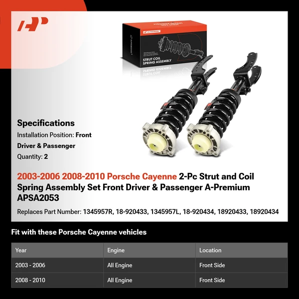 2003-2006 2008-2010 Porsche Cayenne 2-Pc Strut and Coil Spring Assembly Set Front Driver & Passenger A-Premium APSA2053