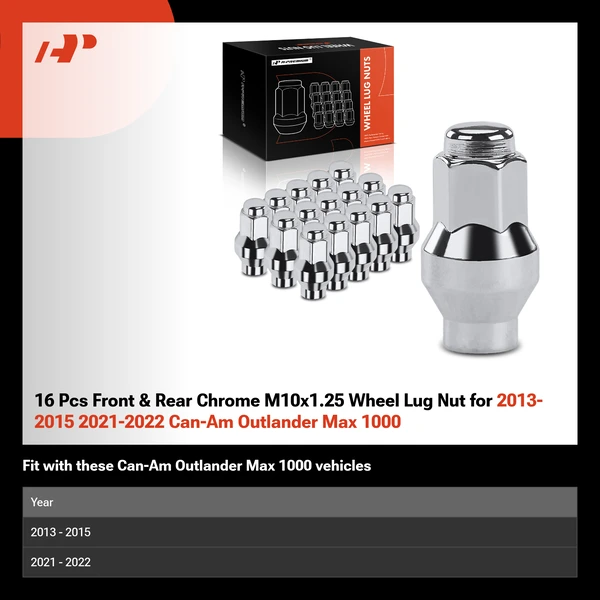 16 Pcs Front & Rear Chrome M10x1.25 Wheel Lug Nut for 2013-2015 2021-2022 Can-Am Outlander Max 1000