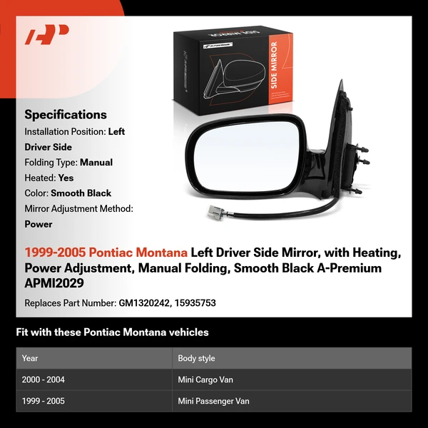 1999-2005 Pontiac Montana Left Driver Side Mirror, with Heating, Power Adjustment, Manual Folding, Smooth Black A-Premium APMI2029