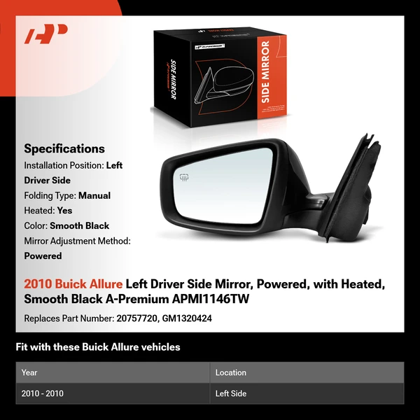 2010 Buick Allure Left Driver Side Mirror, Powered, with Heated, Smooth Black A-Premium APMI1146TW