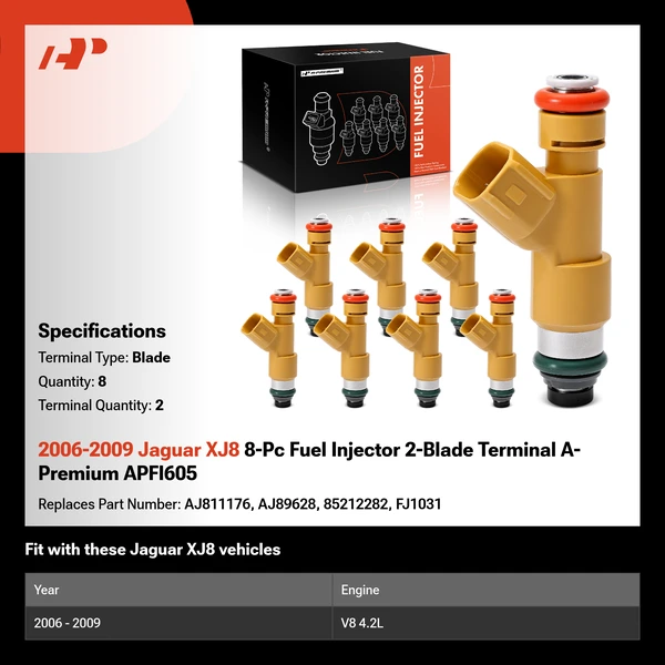 2006-2009 Jaguar XJ8 8-Pc Fuel Injector 2-Blade Terminal A-Premium APFI605