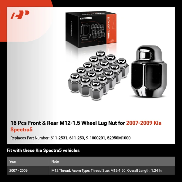 16 Pcs Front & Rear M12-1.5 Wheel Lug Nut for 2007-2009 Kia Spectra5
