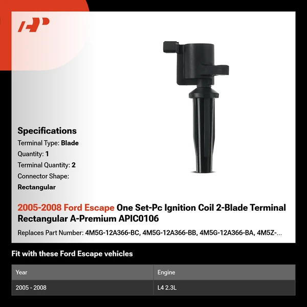 2005-2008 Ford Escape 1-Pc Ignition Coil 2-Blade Terminal Rectangular A-Premium APIC0106