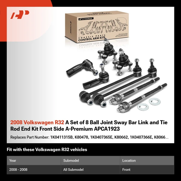 2008 Volkswagen R32 A Set of 8 Ball Joint Sway Bar Link and Tie Rod End Kit Front Side A-Premium APCA1923