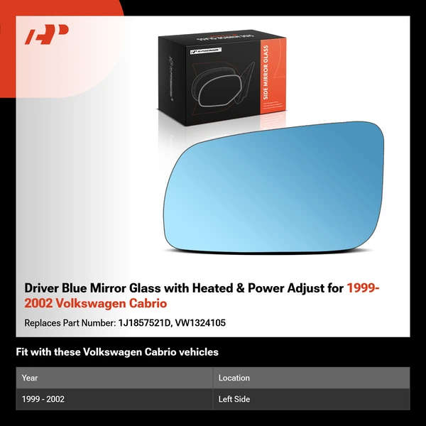 Driver Blue Mirror Glass with Heated & Power Adjust for 1999-2002 Volkswagen Cabrio