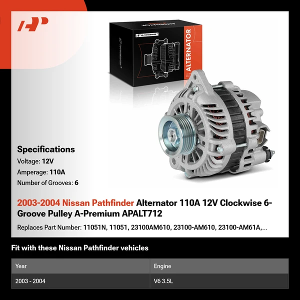 2003-2004 Nissan Pathfinder Alternator 110A 12V Clockwise 6-Groove Pulley A-Premium APALT712