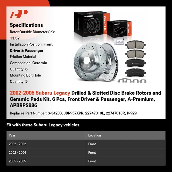 2002-2005 Subaru Legacy Drilled & Slotted Disc Brake Rotors and Ceramic Pads Kit, 6 Pcs, Front Driver & Passenger, A-Premium, APBRPS986