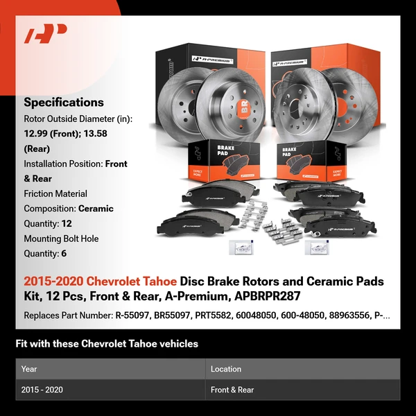 2015-2020 Chevrolet Tahoe Disc Brake Rotors and Ceramic Pads Kit, 12 Pcs, Front & Rear, A-Premium, APBRPR287
