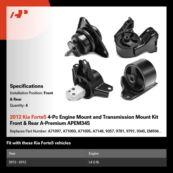 2012 Kia Forte5 4-Pc Engine Mount and Transmission Mount Kit Front & Rear A-Premium APEM345