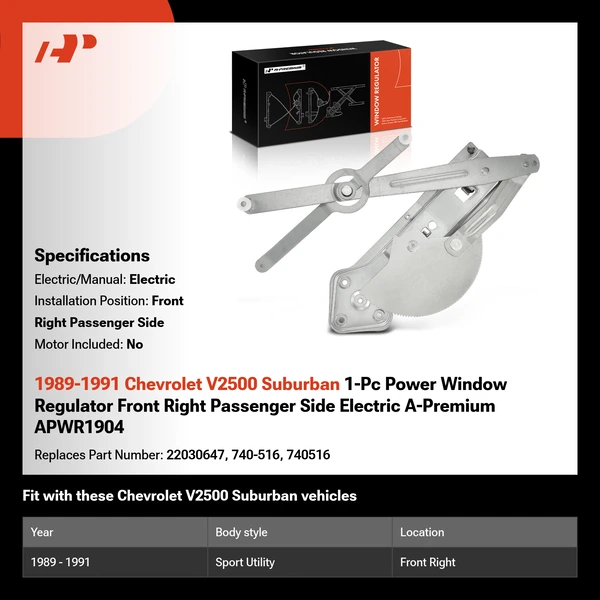 1989-1991 Chevrolet V2500 Suburban 1-Pc Power Window Regulator Front Right Passenger Side Electric A-Premium APWR1904