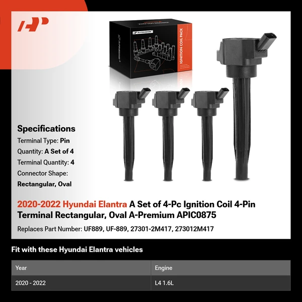 2020-2022 Hyundai Elantra A Set of 4-Pc Ignition Coil 4-Pin Terminal Rectangular, Oval A-Premium APIC0875