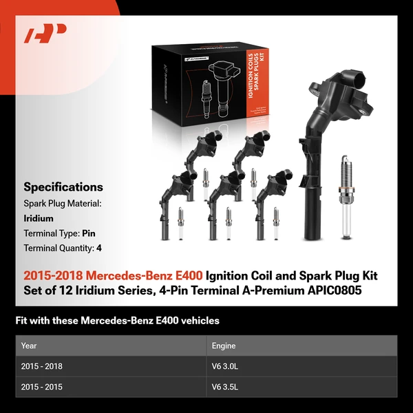 2015-2018 Mercedes-Benz E400 Ignition Coil and Spark Plug Kit Set of 12 Iridium Series, 4-Pin Terminal A-Premium APIC0805