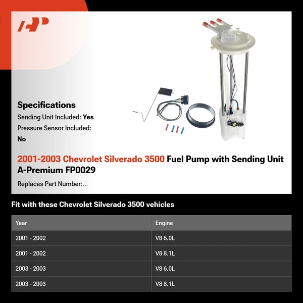 2001-2003 Chevrolet Silverado 3500 Fuel Pump with Sending Unit A-Premium FP0029