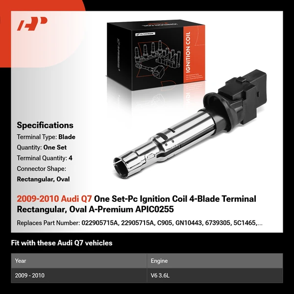 2009-2010 Audi Q7 One Set-Pc Ignition Coil 4-Blade Terminal Rectangular, Oval A-Premium APIC0255