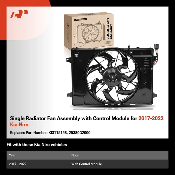Single Radiator Fan Assembly with Control Module for 2017-2022 Kia Niro