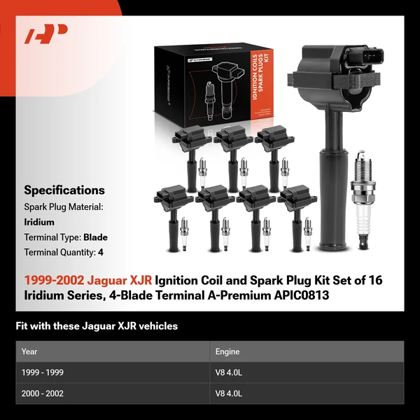 1999-2002 Jaguar XJR Ignition Coil and Spark Plug Kit Set of 16 Iridium Series, 4-Blade Terminal A-Premium APIC0813