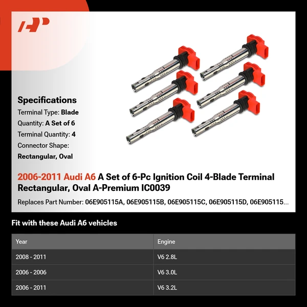2006-2011 Audi A6 A Set of 6-Pc Ignition Coil 4-Blade Terminal Rectangular, Oval A-Premium IC0039