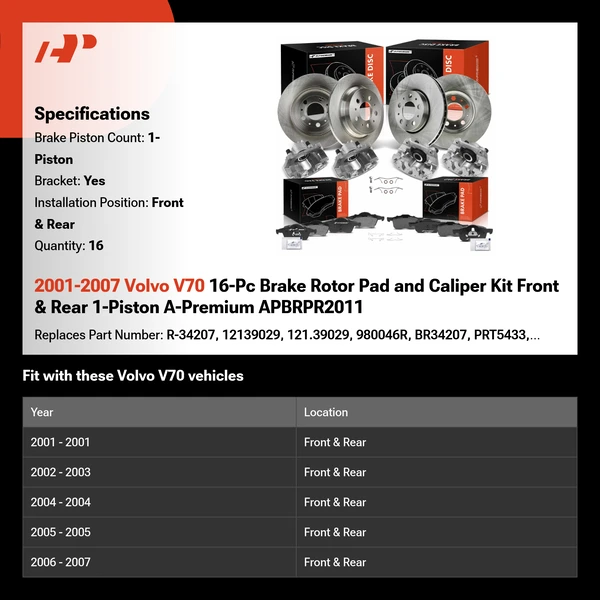 2001-2007 Volvo V70 16-Pc Brake Rotor Pad and Caliper Kit Front & Rear 1-Piston A-Premium APBRPR2011