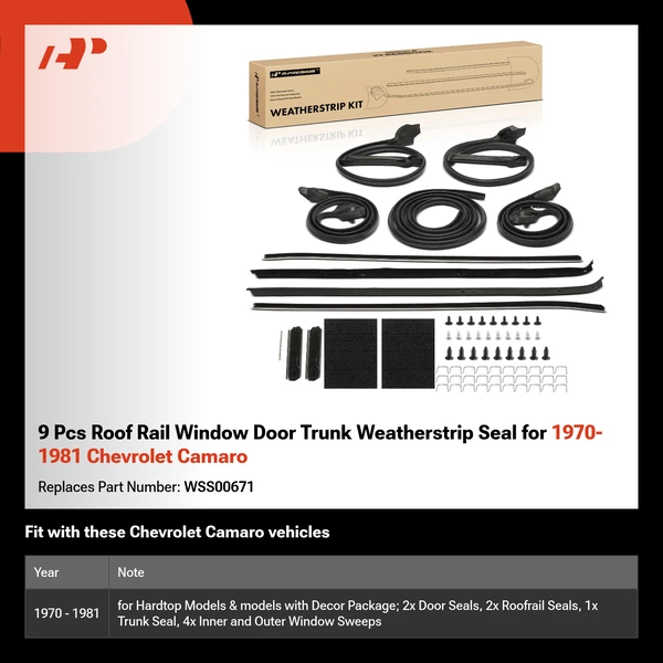 9 Pcs Roof Rail Window Door Trunk Weatherstrip Seal for 1970-1981 Chevrolet Camaro