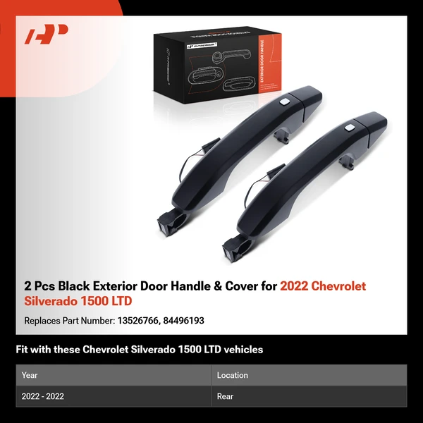 2 Pcs Black Exterior Door Handle & Cover for 2022 Chevrolet Silverado 1500 LTD